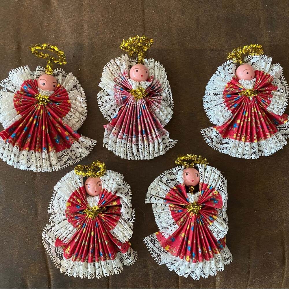 Five Vintage Hand Made Red Fabric Lace Angel Ornaments